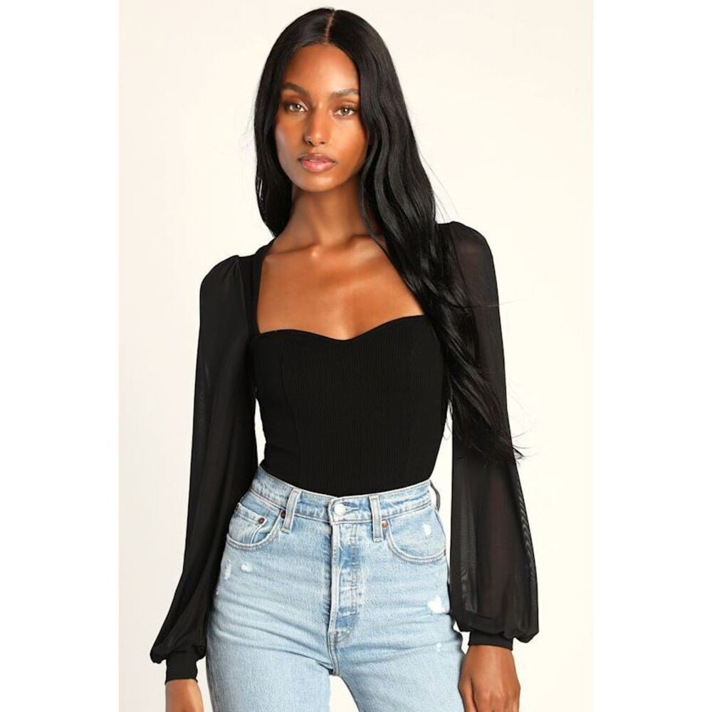 Lulus Sensational Sweetheart Black Ribbed Balloon Sleeve Bodysuit - Size M